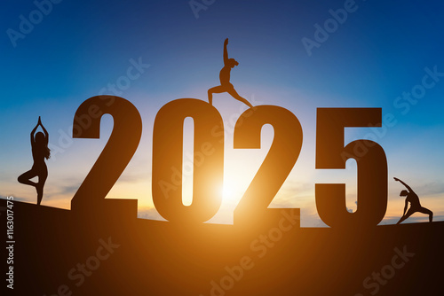 Obraz na płótnie Happy New Year Numbers 2025, Silhouette woman practicing yoga early morning sunrise over the horizon background, Health and Happy new year concept. w salonie