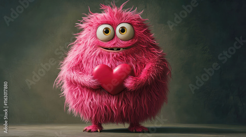 Fluffy pink monster holds a heart with a joyful expression