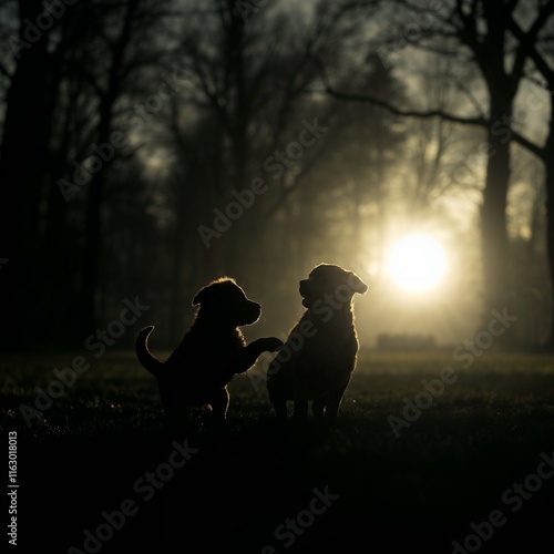 Silhouette di cuccioli che giocano in un parco al tramonto