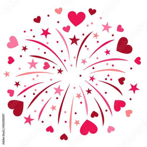 Fireworks heart Valentines day Graphic. Heart Shaped Fireworks. Romantic evening celebratory fireworks and hearts. Bursts, symbolizing love and celebration