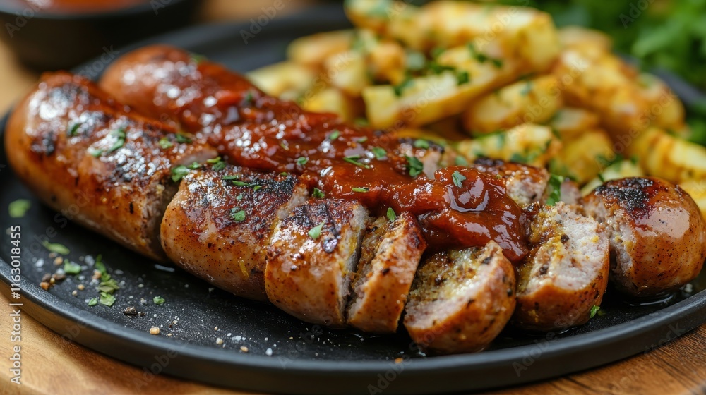 Grilled sausages topped with savory sauce and served with crispy fries on a wooden platter Grilled sausages topped with savory sauce and served with crispy fries on a wooden platter