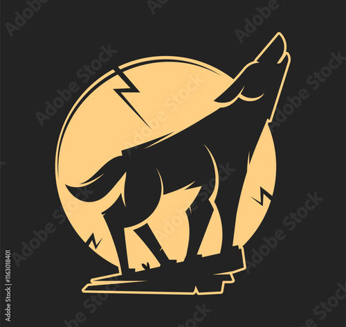 Wolf on a rock howling at the moon. Vector illustration with clear even forms. Mystical silhouette of a wolf for Halloween or scary story. Howling wolf - symbol of mystery, loneliness and despair.