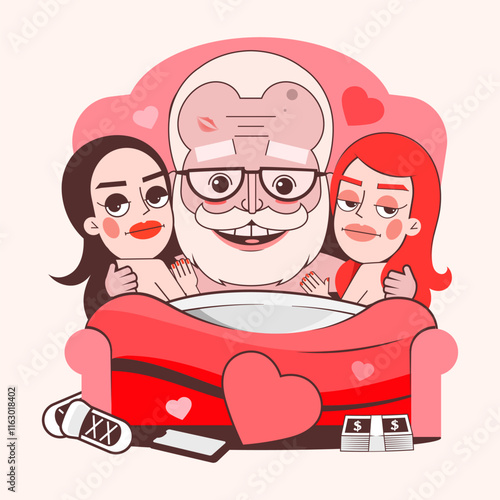 Man and woman couple at bed. Sleeping time vector illustration. People in love. Cartoon character romantic couple. Girl, boy icon. Honeymoon married people. Flat isolated sticker