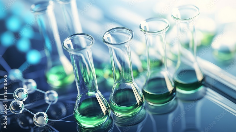 Test tubes with green liquid in a laboratory. Test tubes with green liquid in a laboratory.