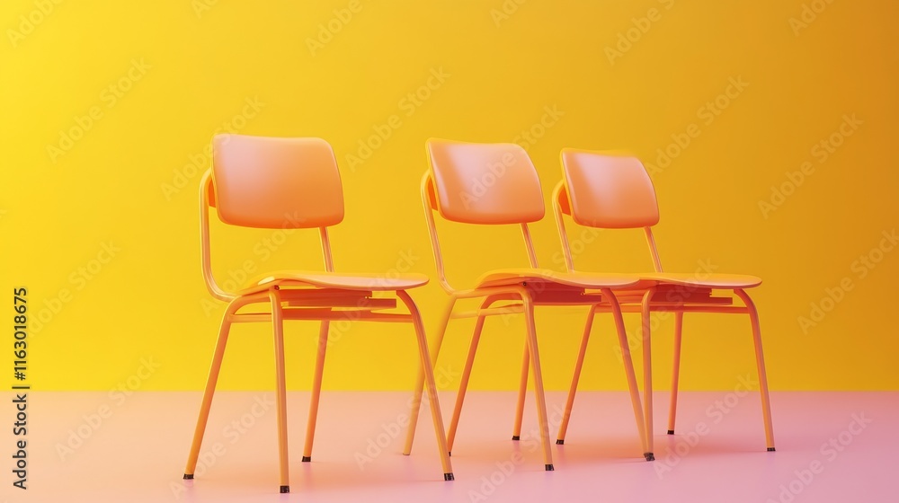 Obraz premium Three colorful chairs against a vibrant backdrop.