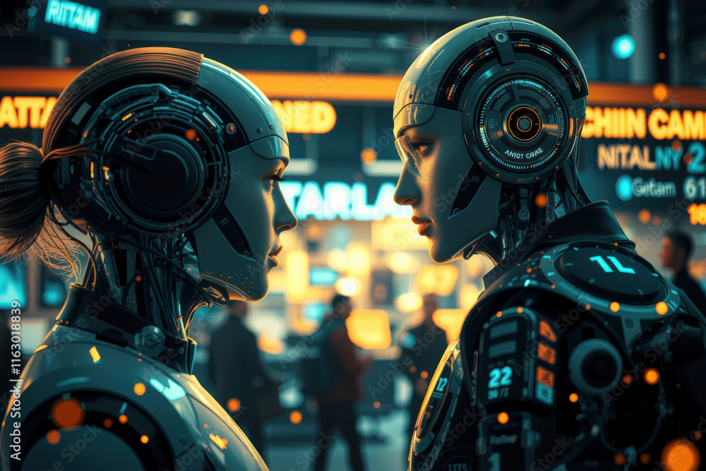 Fototapeta premium Two humanoid robots face each other in futuristic setting, surrounded by glowing lights and digital displays, creating high tech atmosphere