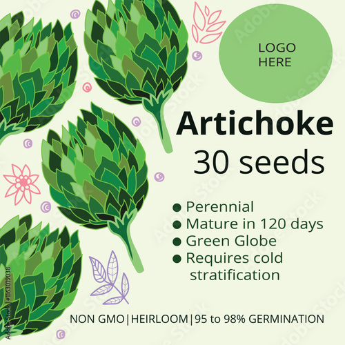 artichoke green globe seeds packaging cover or front design. seed packaging cover. Artichoke seeds packaging design.