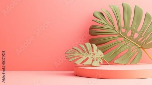 Tropical leaves on a pink background. photo