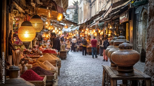 Vibrant street market scene in istanbul with colorful lanterns and spices