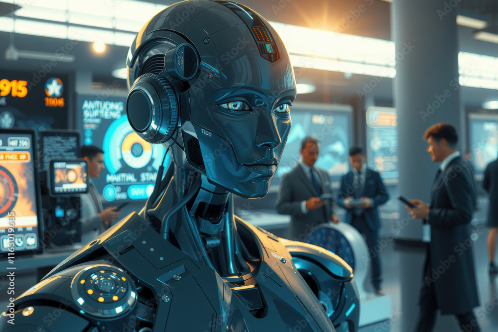 futuristic robot with advanced AI technology stands in modern office environment, surrounded by professionals engaged in discussions. scene highlights innovation and collaboration futuristic robot with advanced AI technology stands in modern office environment, surrounded by professionals engaged in discussions. scene highlights innovation and collaboration