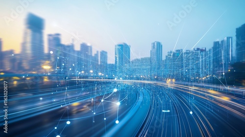 Urban landscape with glowing digital elements.