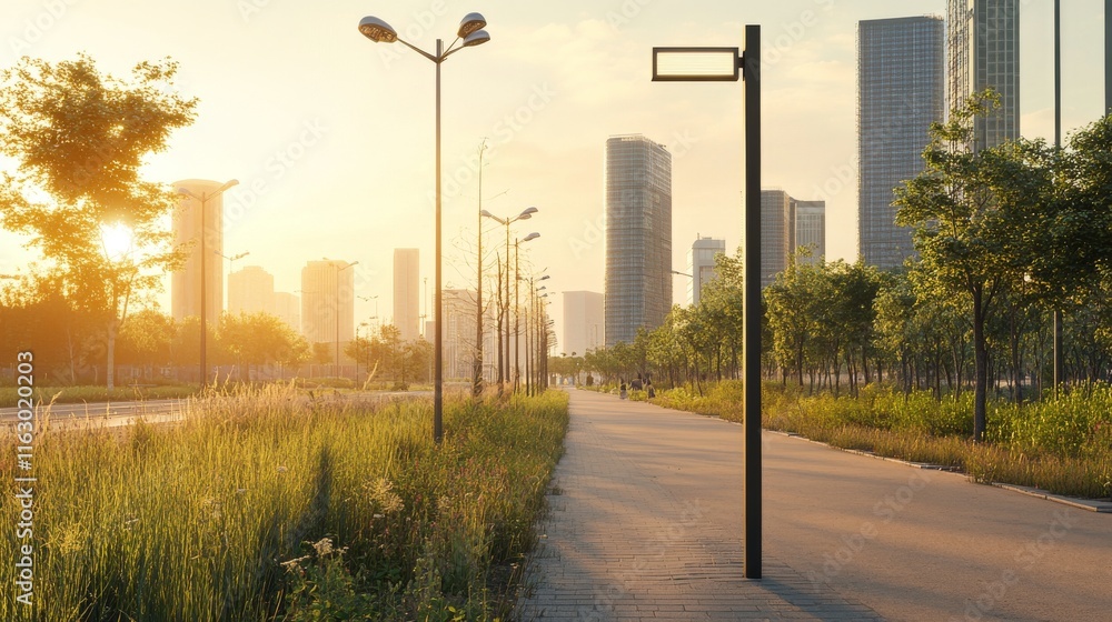 Fototapeta premium Urban street at sunset with modern buildings.