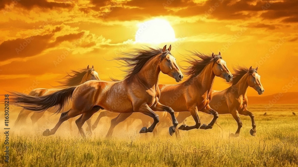 Majestic wild horses galloping across a sunlit plain at sunset Majestic wild horses galloping across a sunlit plain at sunset