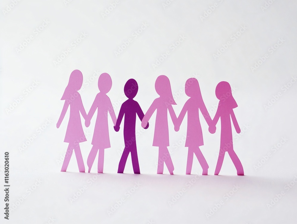 Purple and Pink Paper Chain People Holding Hands: Unity, Diversity, and Teamwork Concept Purple and Pink Paper Chain People Holding Hands: Unity, Diversity, and Teamwork Concept