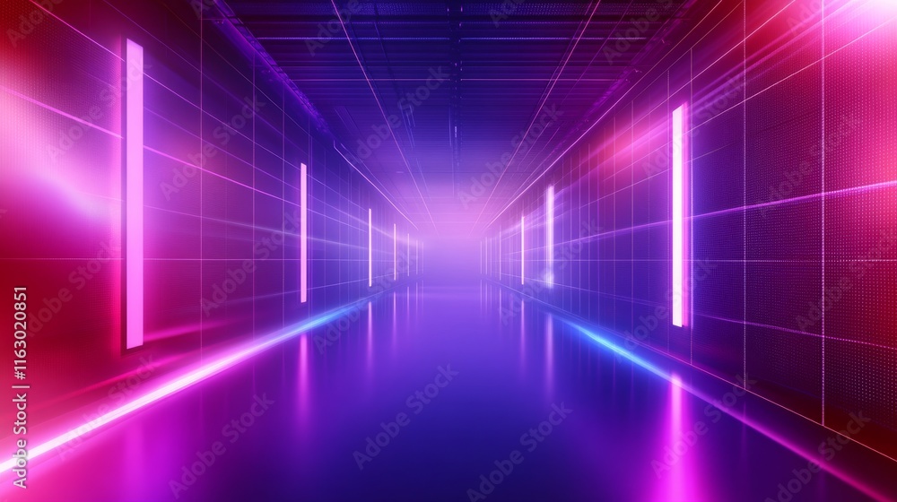 Fototapeta premium Vibrant neon hallway with glowing lights.
