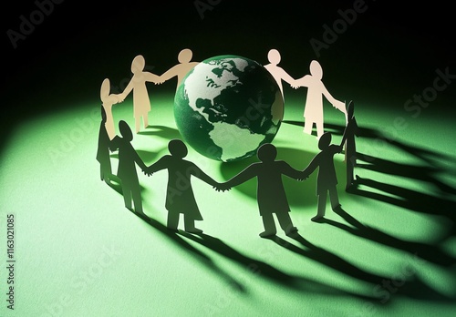 Paper People Holding Hands Around Green Earth Globe: Unity, Global Teamwork, Sustainability Concept