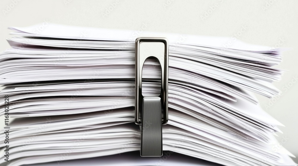 A stack of papers secured with a metal clip for organization. A stack of papers secured with a metal clip for organization.