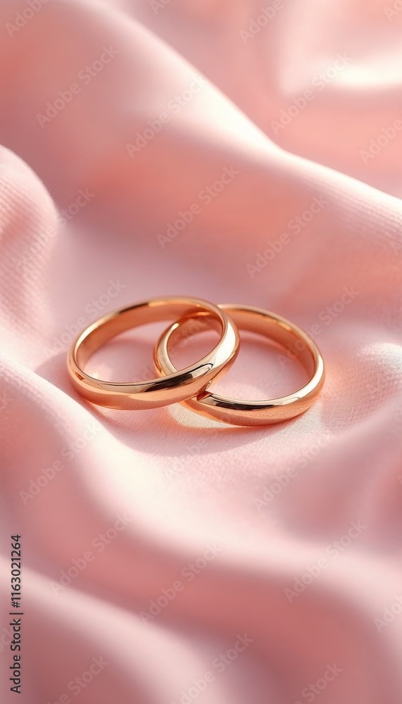 Elegant gold wedding rings on soft pink satin fabric romantic atmosphere Elegant gold wedding rings on soft pink satin fabric romantic atmosphere