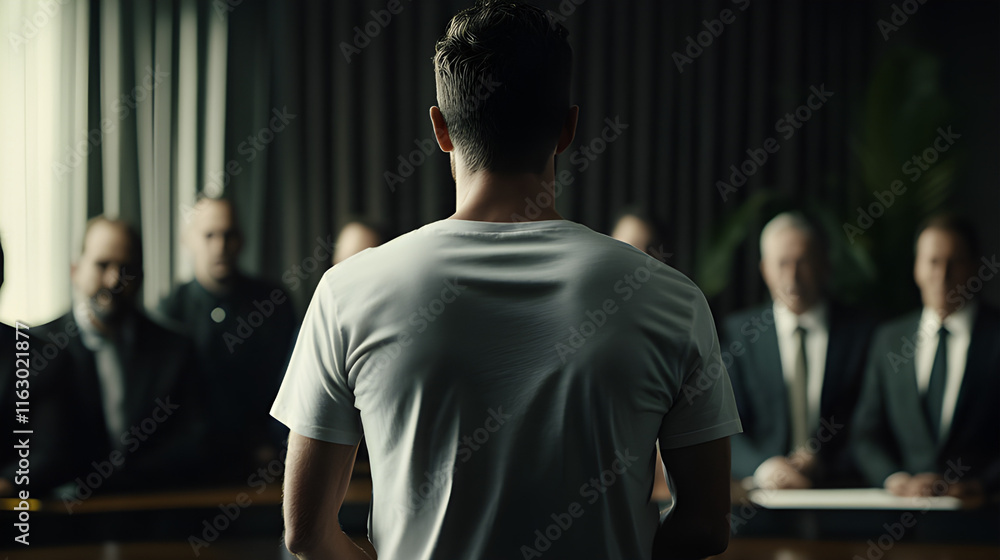 A 30 year old man wearing a tshirt. He is presenting to a board of directors wearing suits and ties A 30 year old man wearing a tshirt. He is presenting to a board of directors wearing suits and ties