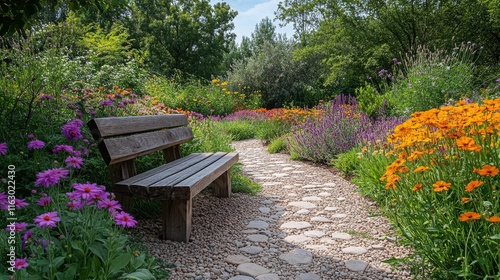 Colorful flower garden pathway with wooden bench surrounded by vibrant blooms and greenery