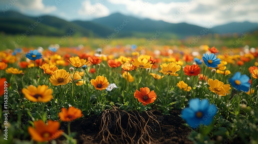Fototapeta premium Vibrant Wildflower Meadow Against Mountain Background