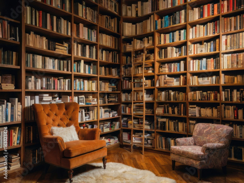 Una amplia biblioteca con una silla y estanterías llenas de libros photo