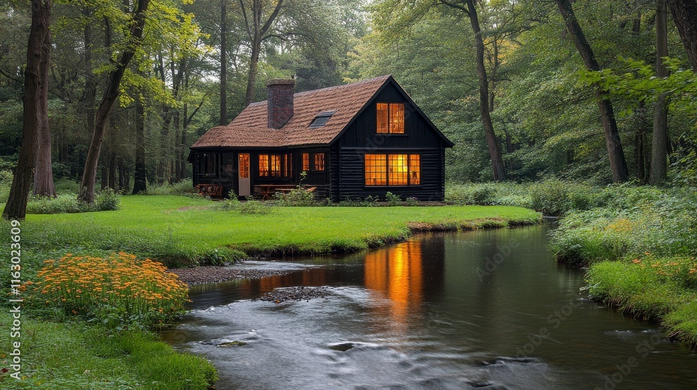Obraz premium Cozy black cabin by serene stream surrounded by lush forest in early evening light