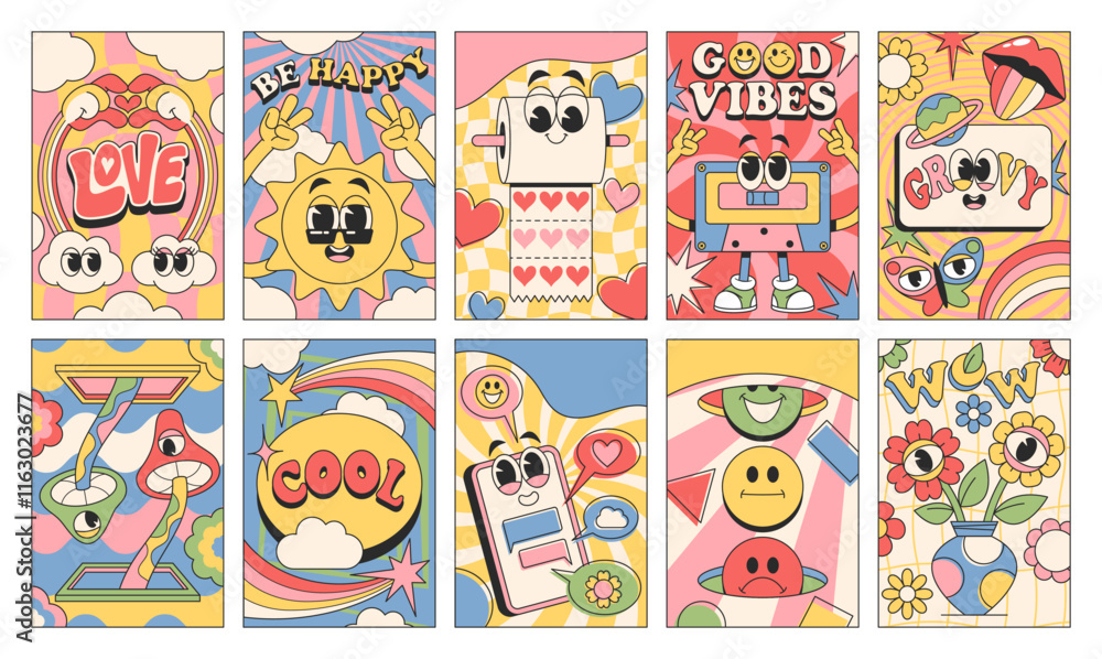 Fototapeta premium Retro groovy banners with funky comic characters, cute peaceful lettering and graphic decoration