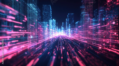 Futuristic cityscape with vibrant neon lights and dynamic motion effects.