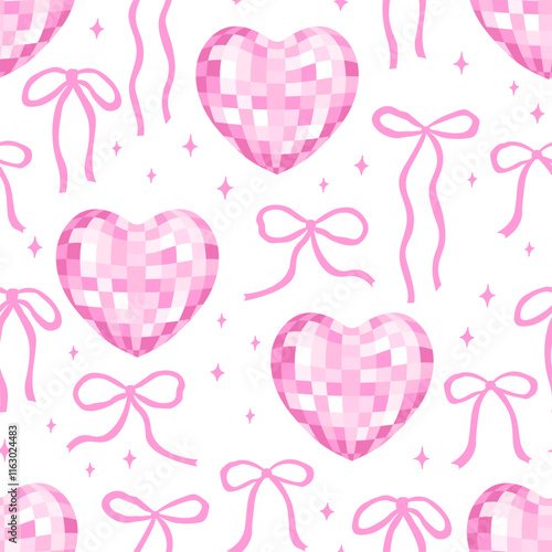 Seamless pattern with pink heart shaped disco balls and wavy bows. Vector flat holiday funky background
