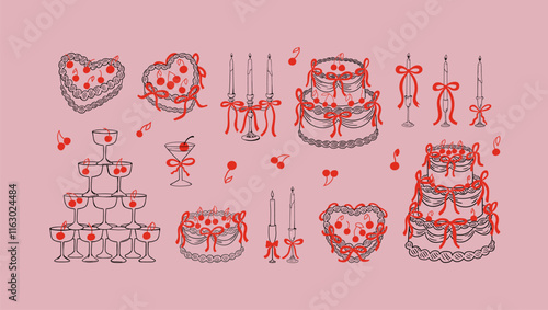 Set of various holiday cakes and decor. Vector hand drawn illustration in vintage style. Cakes, candles and champagne tower with red bows and cherries