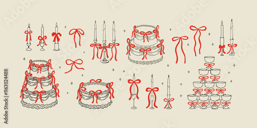 Set of various holiday cakes and decor. Vector hand drawn illustration in vintage style. Cakes, candles and champagne tower with red bows