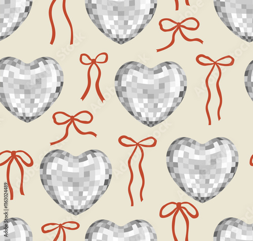 Seamless pattern with silver heart shaped disco balls and red wavy bows. Vector flat holiday background