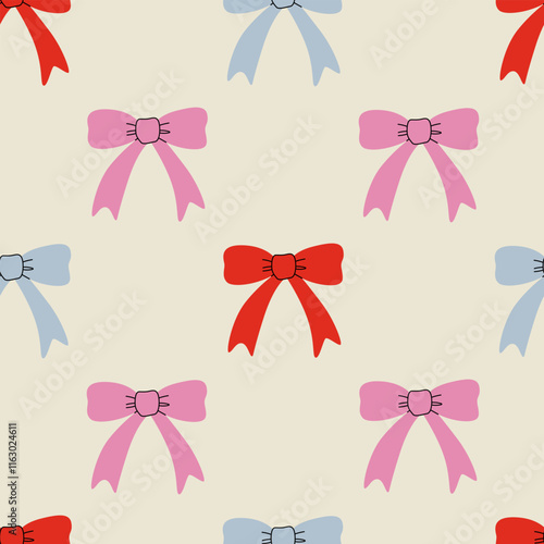 Seamless pattern with hand drawn bows. Vector flat illustration of ribbons in vintage style. Holiday bowknots in coquette aesthetic