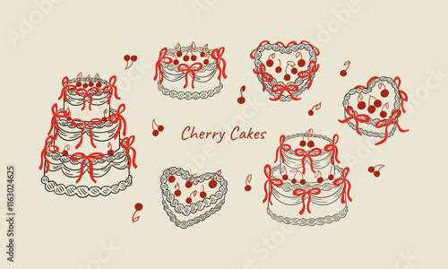 Set of various cakes with cherries and red bows. Vector hand drawn outline illustration in vintage style. Holiday clipart for wedding, birthday or valentines day in coquette aesthetic
