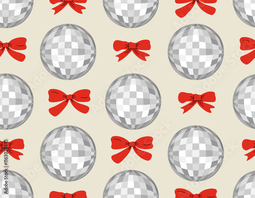 Foto Seamless pattern with silver disco balls and red bows