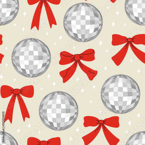 Seamless pattern with silver disco balls and red bows. Vector flat holiday background