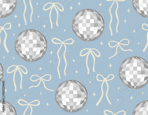 Obraz na plátne Seamless pattern with silver disco balls and bows