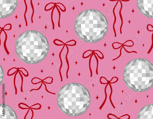 Bild auf Leinwand Seamless pattern with silver disco balls and bows