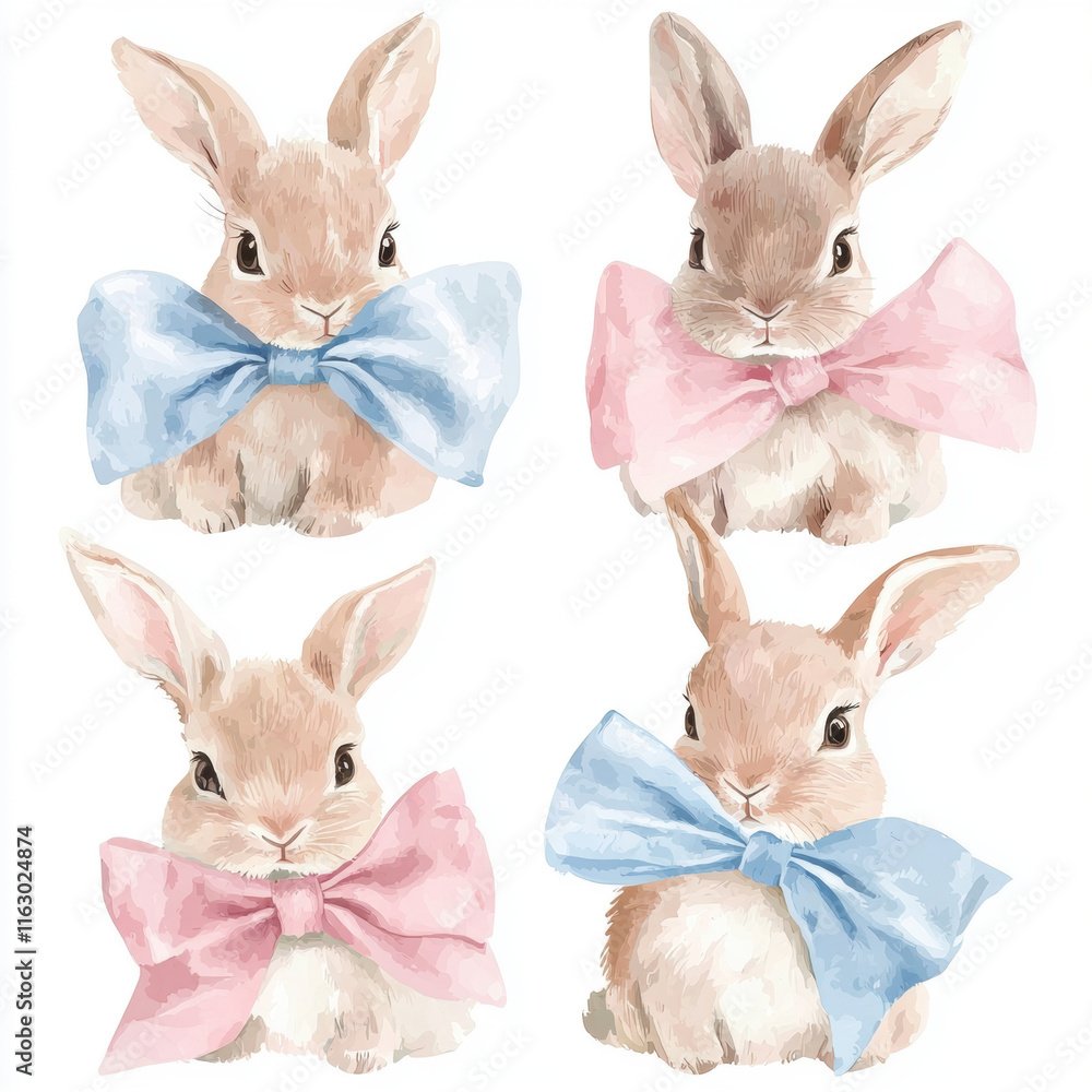 Fototapeta premium Set of cute Easter Bunny with bows, in a pastel color palette, on a white background.