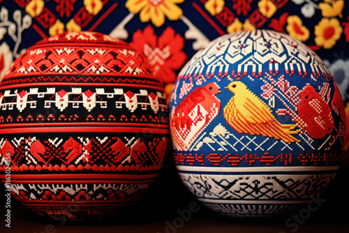 Two traditional Russian embroidered amulet dolls in the form of spheres.   photo