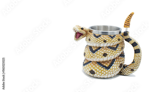 rattlesnake coffee drinking cup or mug. 3d model fake rattlesnake rattle snake statue with plaster or concrete venomous snake, not real.  metal aluminum cup inside. isolated on white background photo