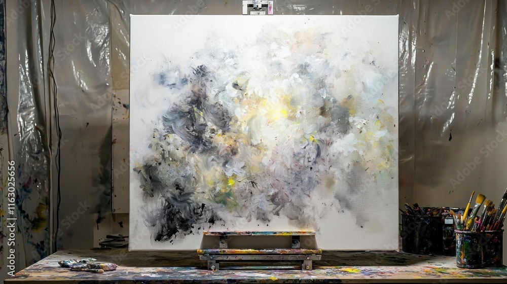Abstract painting on easel in a creative studio setting. Abstract painting on easel in a creative studio setting.