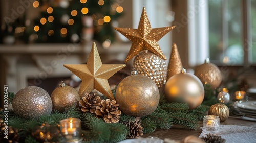 Shimmering holiday decorations with sparkling ornaments and lights creating a festive atmosphere