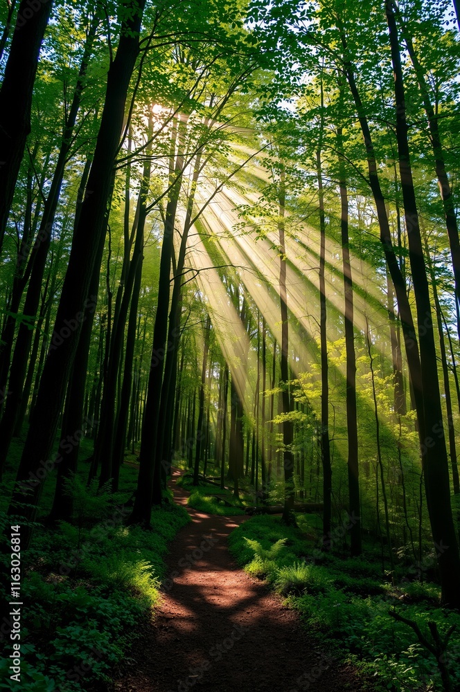Obraz premium Sunlight Breaking Through Canopy in a Serene Forest Path