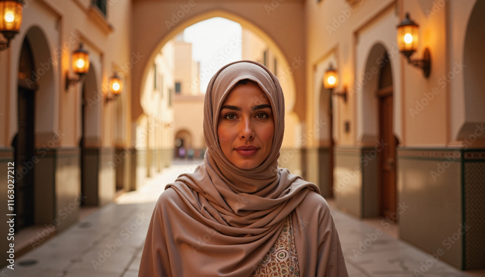 Muslim woman smiling in traditional attire in a historic alley Muslim woman smiling in traditional attire in a historic alley