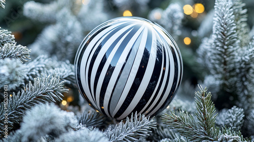 New Year glass ball with black and white stripes creating illusionistic effect on snow-covered Christmas tree. Festive decor, ornaments. Wintertime. photo