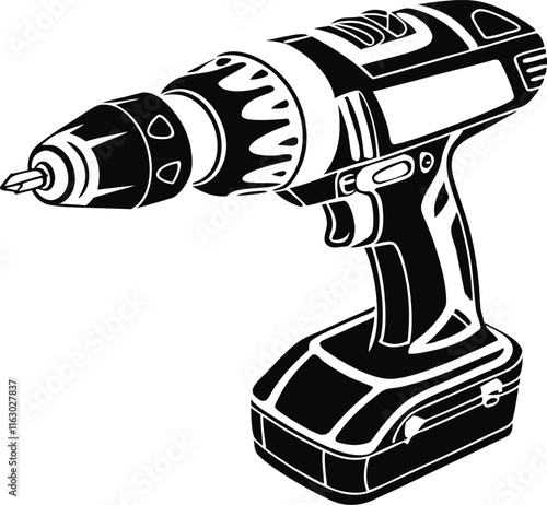 A black and white illustration of a cordless power drill.