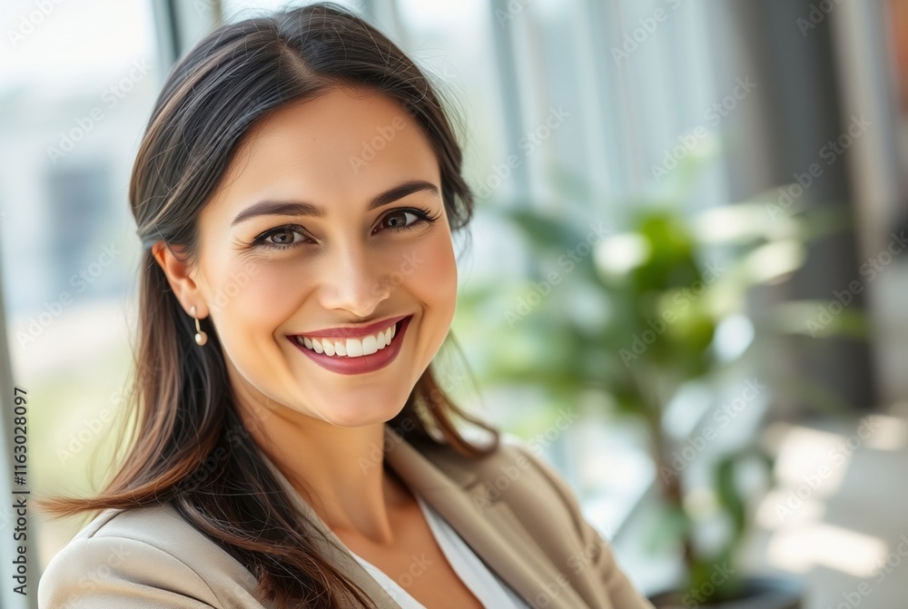 Confident Young Businesswoman Smiling in Modern Office Environment Confident Young Businesswoman Smiling in Modern Office Environment