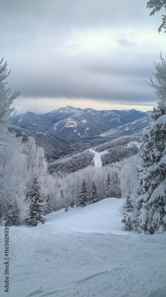 Obraz premium Scenic winter landscape with snow-covered mountains and trees under a cloudy sky